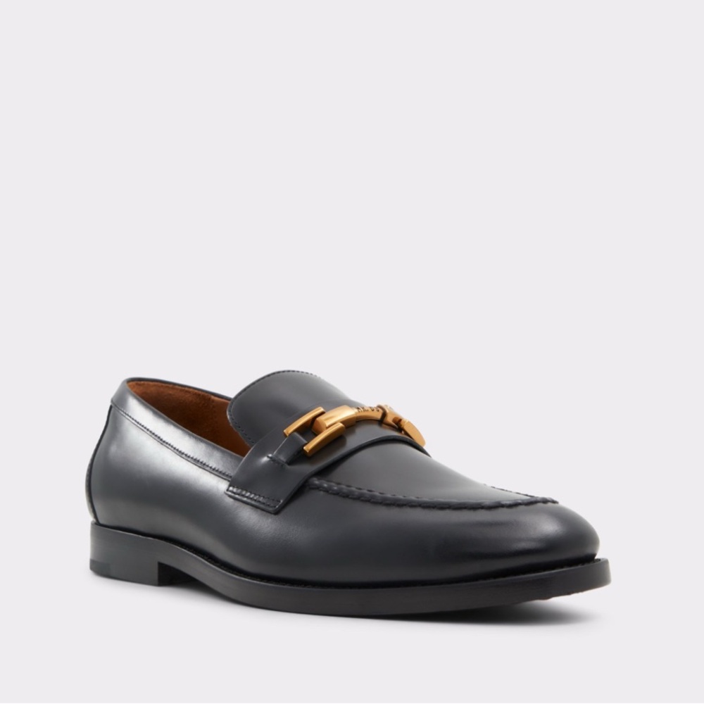 Men's Black Leather Loafers with Gold Buckle